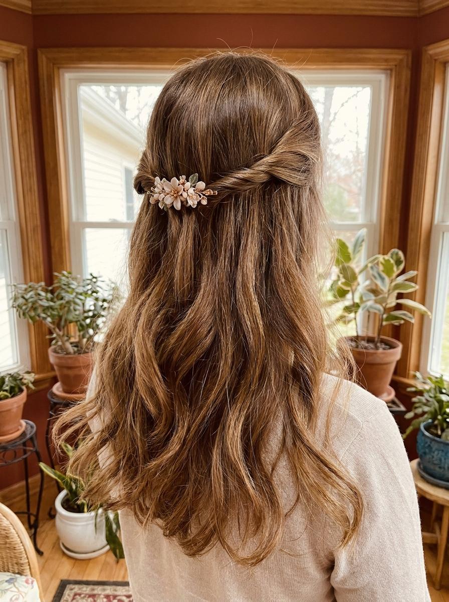 Halboffene Frisur mit gedrehten Strähnen - schöne Frisur für lange Haare